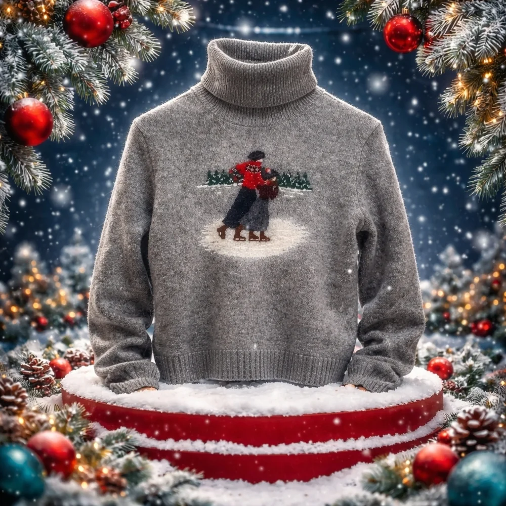Ralph Lauren Vintage Lambswool Turtleneck Sweater Gray LP Ice Skating - Picture 11 of 13